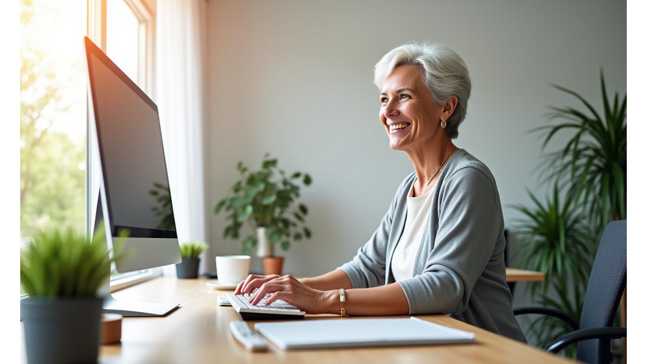 Woman happily working at a standing desk with ergonomic setup