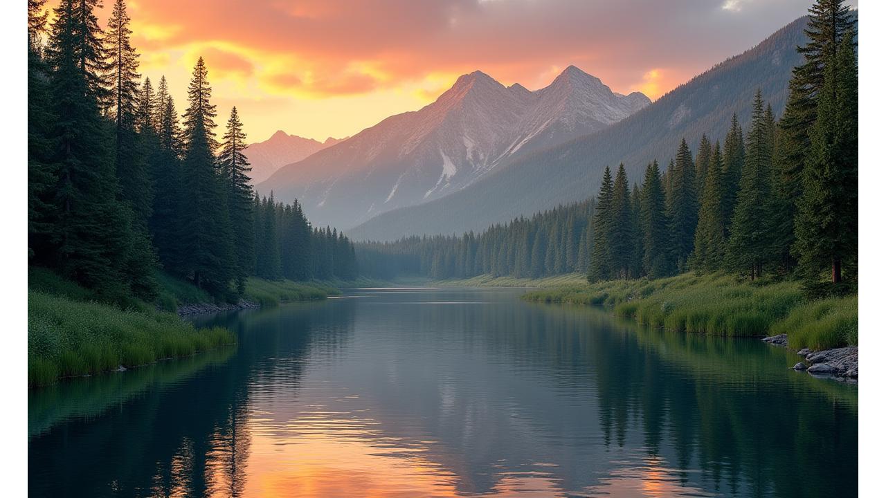 Panoramic view of the Cascade Mountains near Bend, Oregon, with a tranquil river and evergreen forests reflecting a clear sky, symbolizing growth and vitality.
