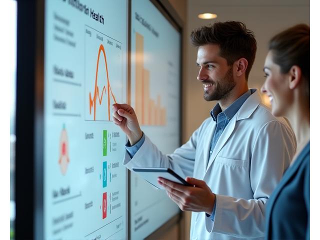 A professional discussing a personalized health dashboard on a tablet with a smiling client, demonstrating one-on-one guidance.