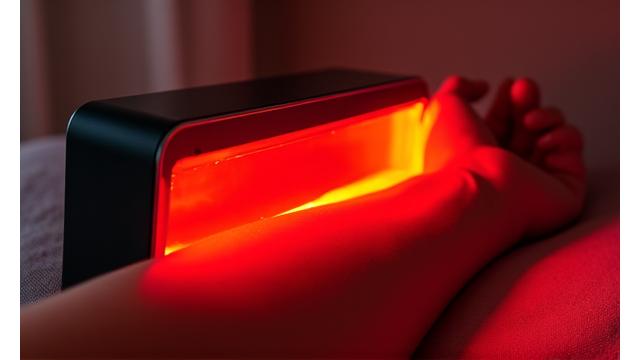 Compact red light therapy device emitting a soft glow on skin