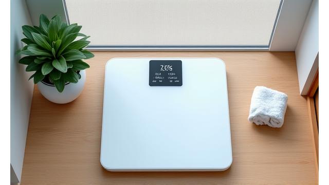 Smart body composition scale displaying metrics on a digital screen, next to healthy lifestyle elements