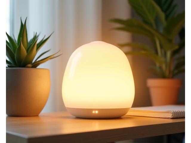 Modern light therapy lamp on a desk, promoting focus and energy.