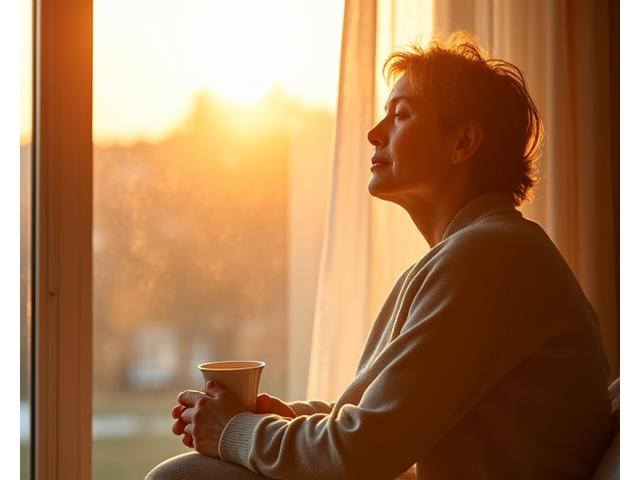 A person enjoying natural morning sunlight through a window, looking refreshed and calm. Represents morning light optimization.