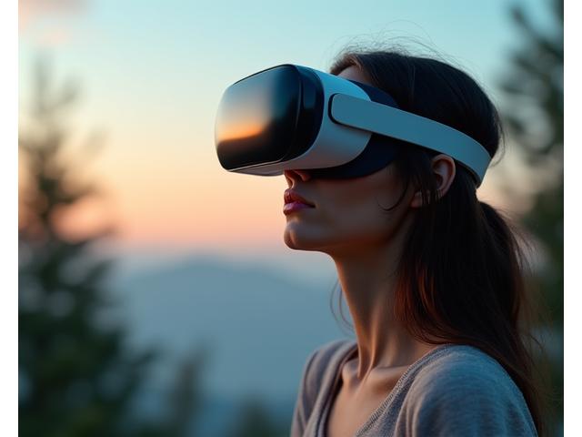 Person wearing a VR headset, immersed in a serene virtual meditation environment.