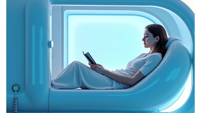 Interior of a hyperbaric oxygen chamber with a person relaxing