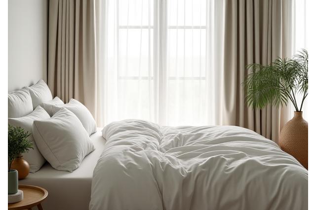 A serene, minimalist bedroom with soft indirect lighting, crisp white linens, and elements of natural wood, demonstrating an ideal sleep environment.