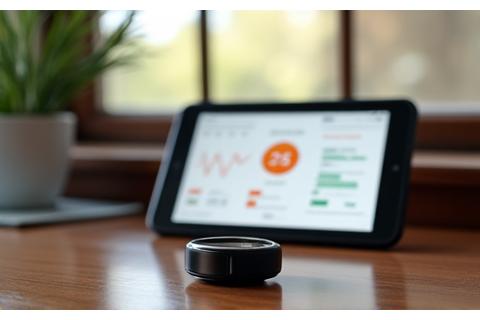 Sleek wearable sleep tracker on a bedside table next to a smartphone displaying sleep analytics.