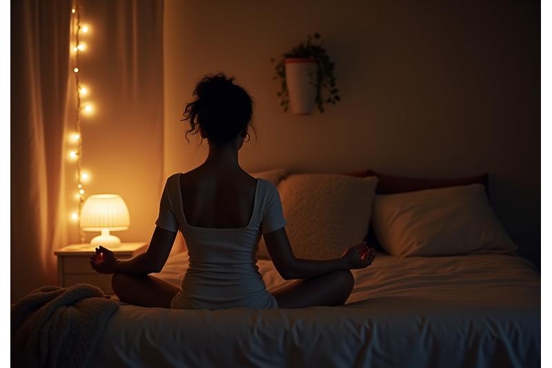 Someone practicing gentle evening yoga or meditation in a dimly lit, cozy bedroom, surrounded by soft lighting and a cup of herbal tea.